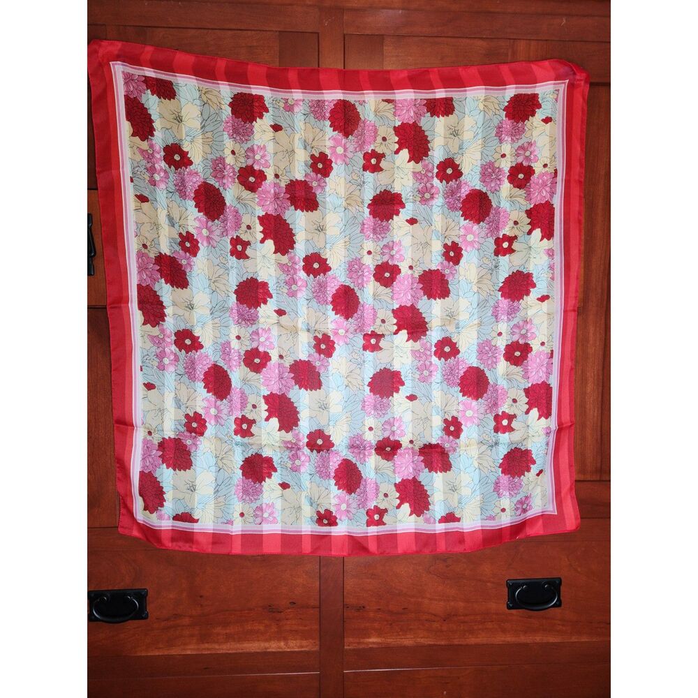Red, Pink, Cream & Light Blue Floral Scarf Faint Striped Background Vintage!